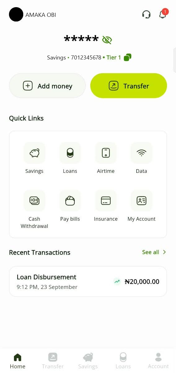 FSE app home screen with balance, Add money, Transfer and quick links