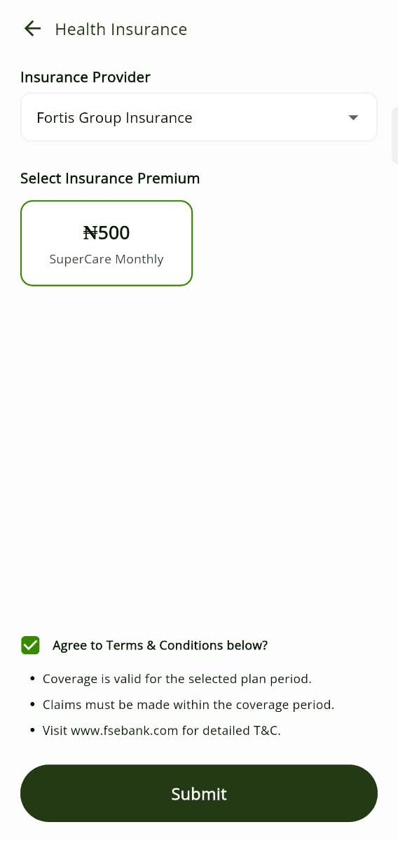 FSE app health insurance screen with provider and premium