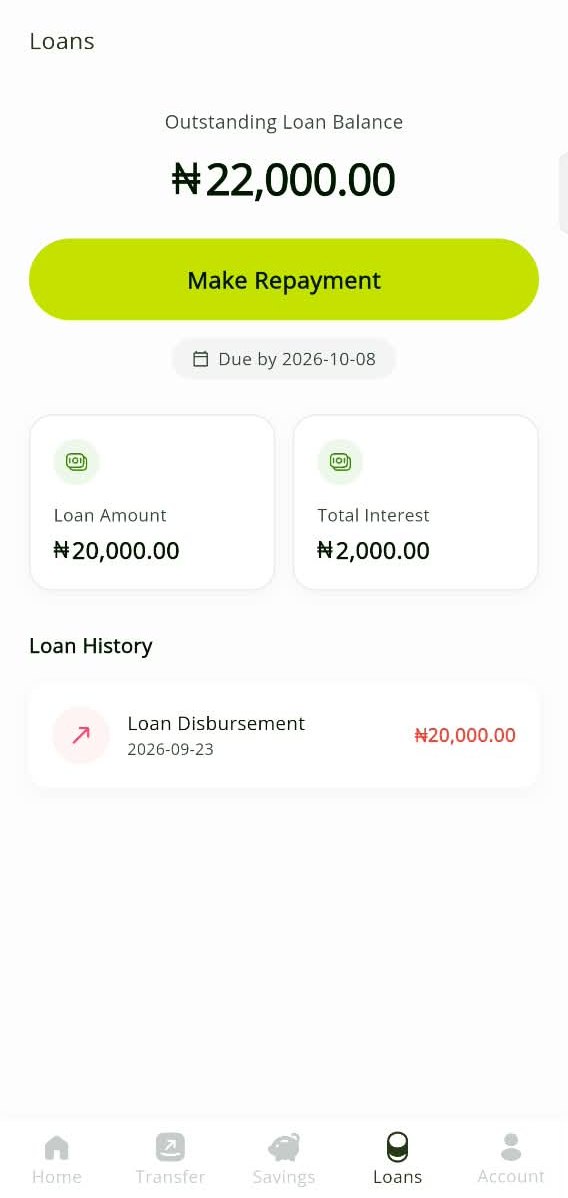 FSE app loans screen with outstanding balance and Make Repayment