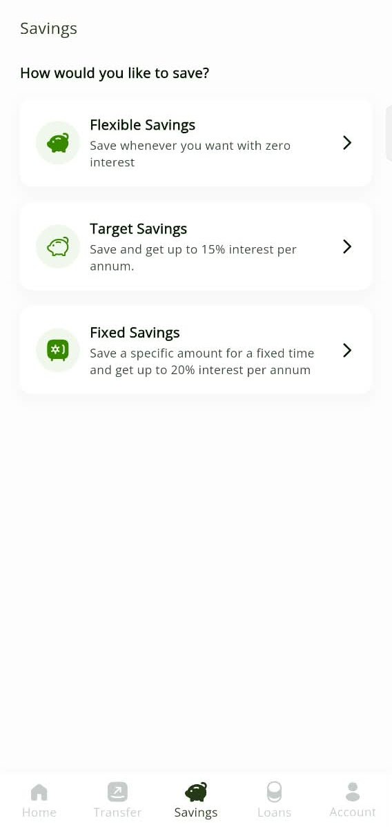 FSE app savings screen: Flexible, Target and Fixed Savings